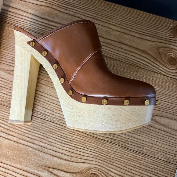 Veronica Beard Cognac Leather Wood Platform Heeled Mules Clogs Womens 10 Alek - Picture 6 of 15